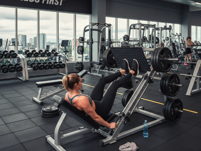 Woman performing a leg press in a commercial gym 